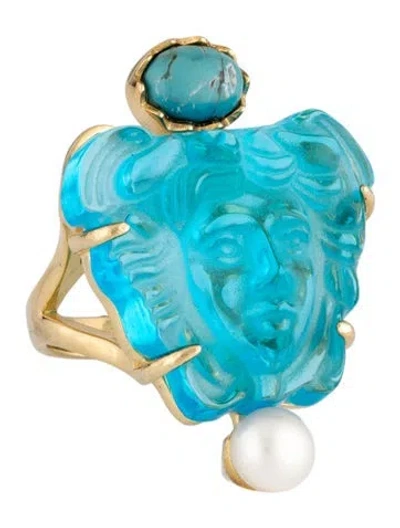Pre-owned Tagliamonte Pearl,venetian Cameo & Turquoise Medusa Cocktail Ring In Blue