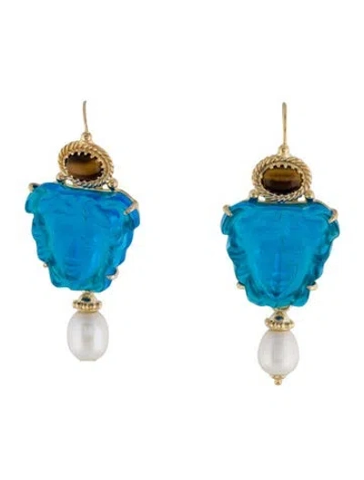 Pre-owned Tagliamonte Tiger Eye & Pearl Venetian Cameo Medusa Drop Earrings In Multi