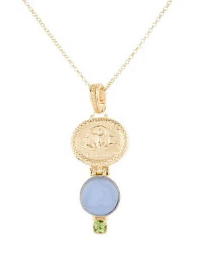 Pre-owned Tagliamonte Venetian & Peridot Intaglio Neptune Cameo Pendant Necklace, 18" In Blue