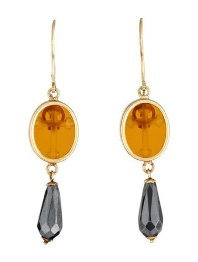 Pre-owned Tagliamonte Venetian Cameo & Hematine Drop Earrings In Orange