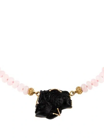 Pre-owned Tagliamonte Venetian Cameo & Rose Quartz Zodiac Libra Necklace, 18.5" In Black