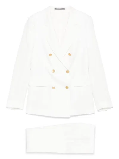Tagliatore 0205 White Linen Double Breasted Suit In Multicolor