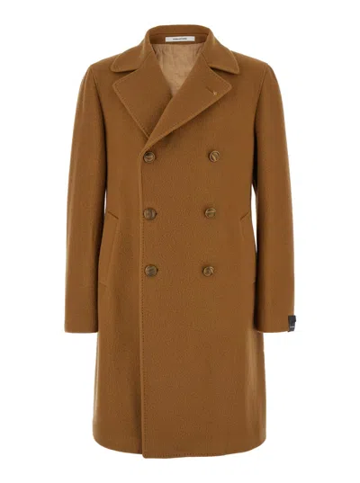 TAGLIATORE ARDEN BEIGE DOUBLE-BREASTED COAT WITH HALF-BELT IN WOOL BLEND MAN