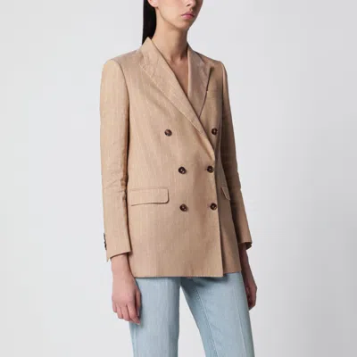 Tagliatore Beige Double-breasted Pinstripe Linen-blend Jacket In Brown