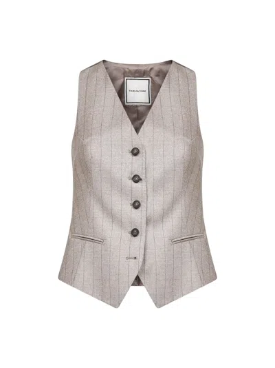 Tagliatore Beige Pinstripe Virgin Wool Giselle Vest In Gray