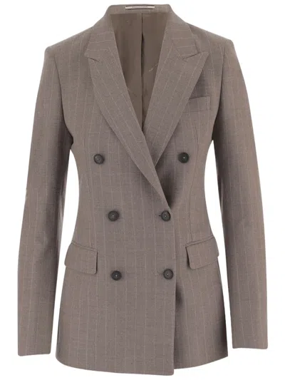 Tagliatore Beige Stretch Wool Pinstripe Double-breasted Blazer In Multi