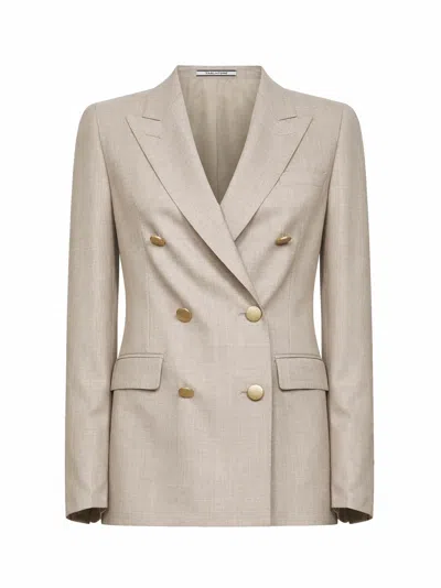 Tagliatore Beige Virgin Wool And Silk Double-breasted Blazer In Neutral