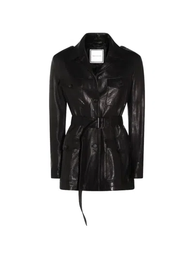 Tagliatore Leather Jacket Belted Waist Flap Pockets In Black