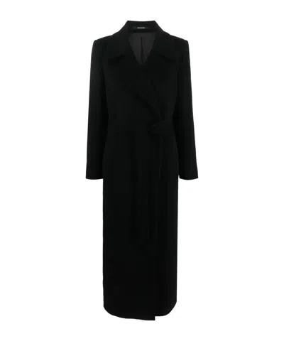 Tagliatore Belted-waist Cashmere Long Coat In Black