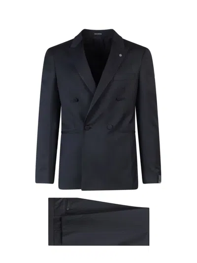 Tagliatore Black Double-breasted Tuxedo Suit With Covered Buttons In Blue