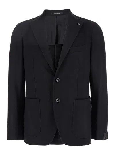Tagliatore Black Jacket With Classic Revers And Logo Pin In Kashmir Man