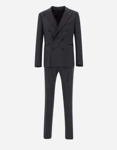 Tagliatore Black Wool Blend Formal Suit With Peak Lapel