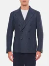 Tagliatore Blue Double-breasted Blazer With Logo Pin On The Front In Linen And Cotton Blend Man In Blau