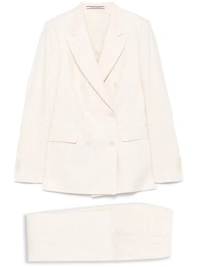 TAGLIATORE TAGLIATORE BLENDED LINEN DOUBLE-BREASTED SUIT IN CREAM
