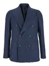 Tagliatore Blue Double-breasted Blazer With Logo Pin On The Front In Linen And Cotton Blend Man