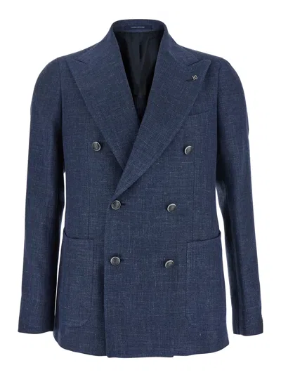 Tagliatore Blue Double-breasted Blazer With Logo Pin On The Front In Linen And Cotton Blend Man