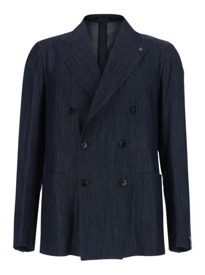 Tagliatore Blue Double-breasted Jacket With Peak Revers In Denim Man