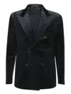 Shop Tagliatore Blue Double-breasted Velvet Blazer In Black