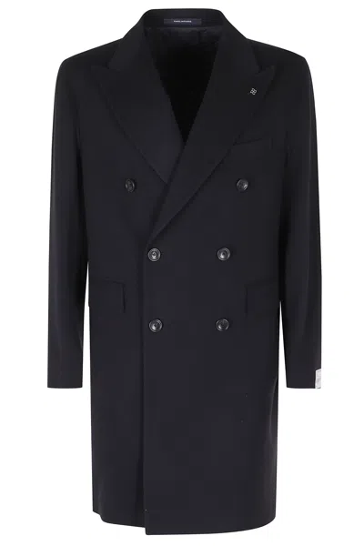 Tagliatore Blue Double-breasted Silver Embellishment Wool-blend Coat In Black