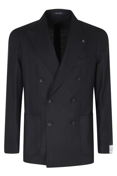 Tagliatore Blue Double-breasted Textured Wool-blend Blazer In Black