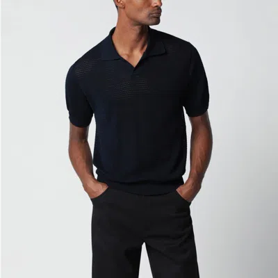 Tagliatore Blue Openwork Cotton Polo Shirt In Black