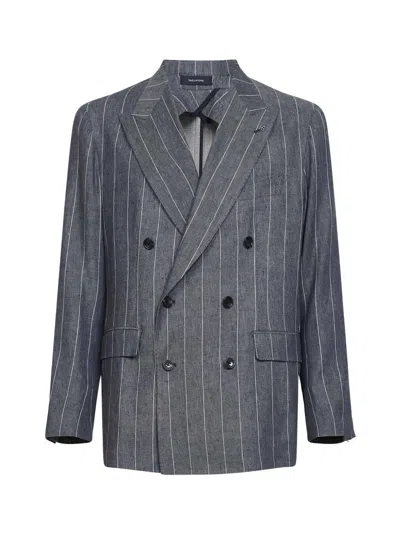 Tagliatore Blue Pinstriped Linen Blend New York Double-breasted Blazer In Gray