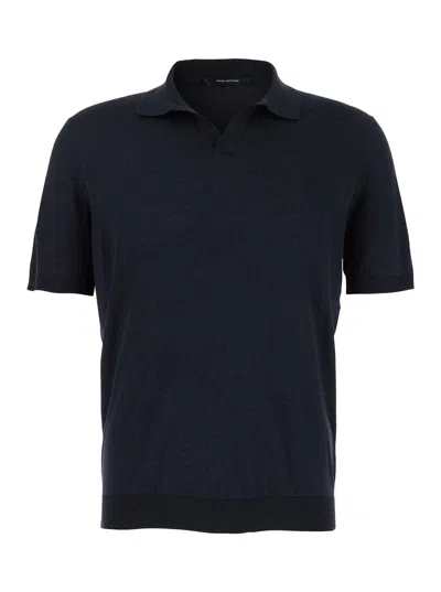 Tagliatore Blue Polo Shirt With Buttonless Collar And Ribbed Trims In Silk Man In Multicolor