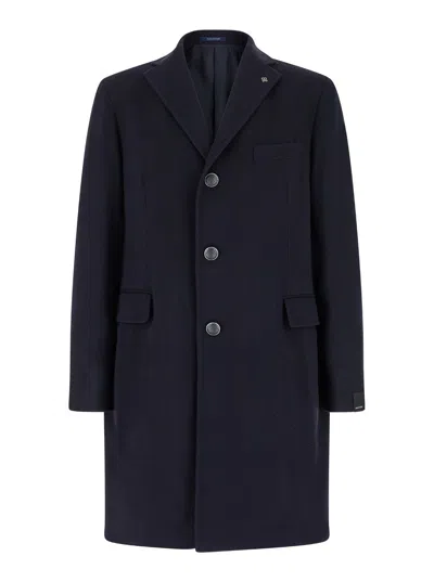 Tagliatore Blue Single-breasted Coat With Logo Pin