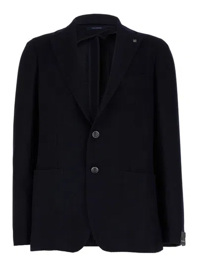 Tagliatore Blue Single-breasted Jacket With Logo Pin In Silk And Wool Man In Black