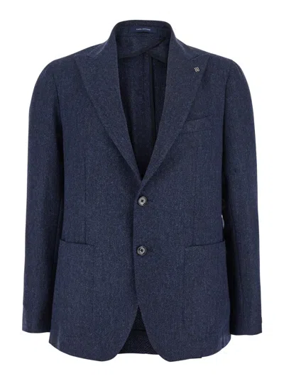 TAGLIATORE BLUE SINGLE-BREASTED JACKET WITH PEAK LAPEL IN WOOL AND COTTON BLEND MAN