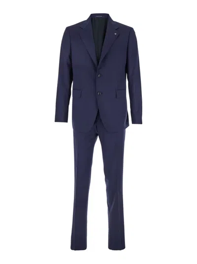 Tagliatore Blue Single-breasted Suit With Notched Revers And Brooch Detail On The Front In Wool Man