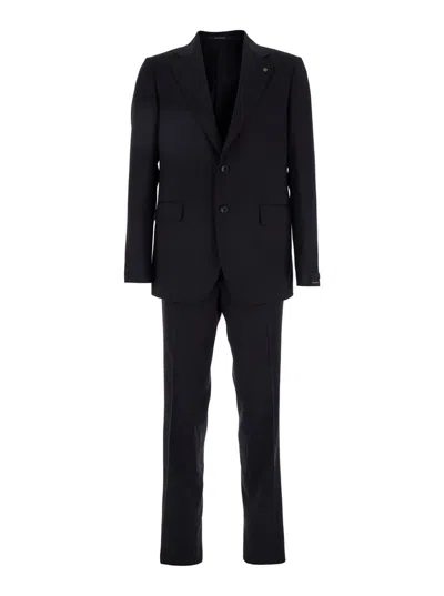 Tagliatore Blue Single-breasted Suit With Notched Revers And Brooch Detail On The Front In Wool Man