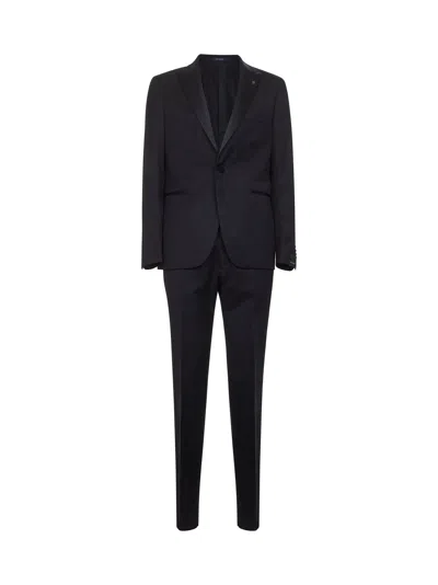 Tagliatore Satin-peak Lapels Suit In Blue