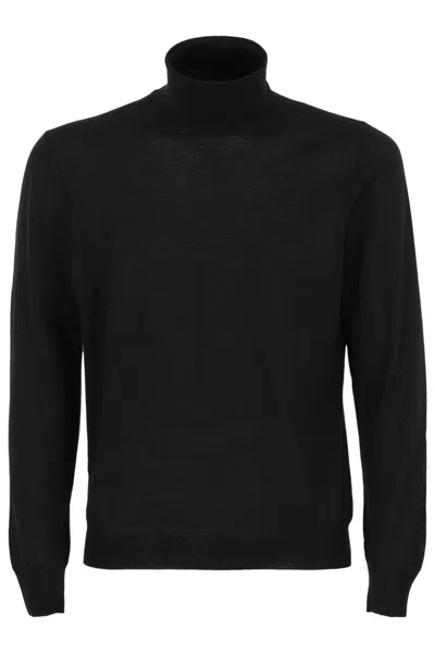 Tagliatore Black Virgin Wool Knit Miles Turtleneck Sweater In Animal Print