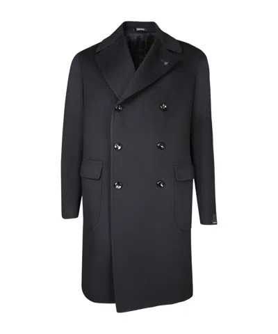 Tagliatore Brooch-detail Double-breasted Coat In Black