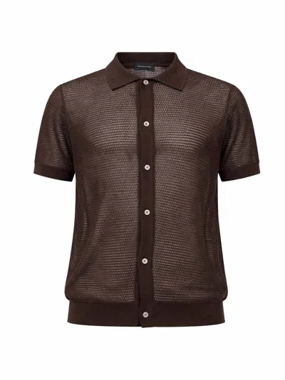 Tagliatore Brown Pointelle Knit Short-sleeved Shirt