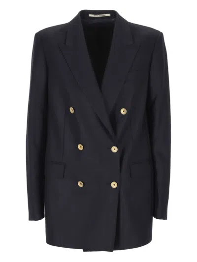 Tagliatore Double-breasted Boucle Jacket With Gold-tone Accents In Black