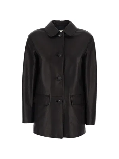 Tagliatore Dark Brown Jacket With Classic Collar And Two Front Flap Pockets In Grained Leather Woman In Black