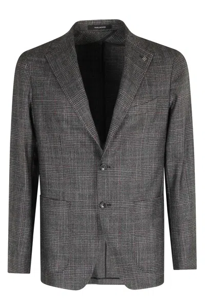 Tagliatore Checkered Wool-silk Blend Blazer With Peaked Lapel In Gray