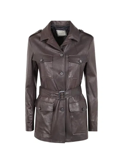 Tagliatore Clea Woman Jacket Belted Waist Epaulettes In Brown