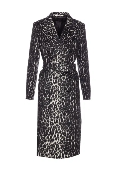Tagliatore Long Leopard Print Coat With Belted Waist In Black