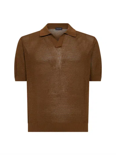 Tagliatore Cognac Cotton Pointelle Knit Polo Shirt In Brown