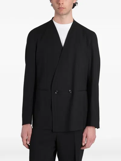 Tagliatore Collarless Double-breasted Suit In Black