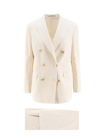 Tagliatore Cotton And Linen Blend Suit With Peak Lapels In Neutral
