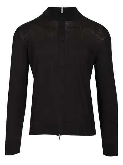 Tagliatore Cotton And Silk High Neck Zip Sweater Knitwear Black
