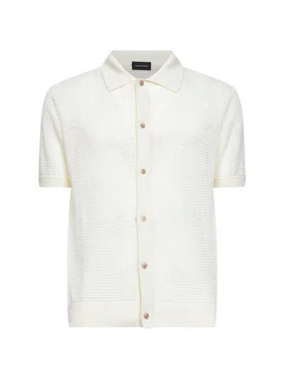 Tagliatore Cream Pointelle Knit Short-sleeved Shirt In Neutral
