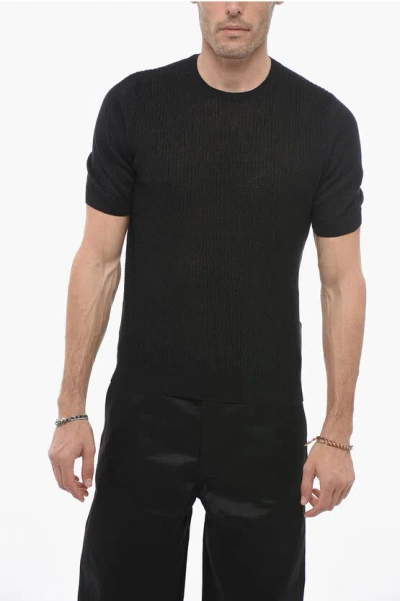 Tagliatore Crew Neck Linen Blend Sweater With Short Sleeves In Black