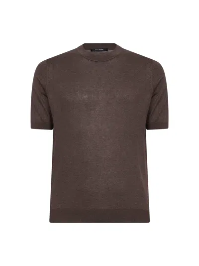 Tagliatore Dark Brown Silk Knit Crewneck T-shirt