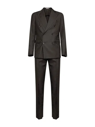 Tagliatore Dark Brown Striped Jacquard Virgin Wool Double-breasted Suit In White