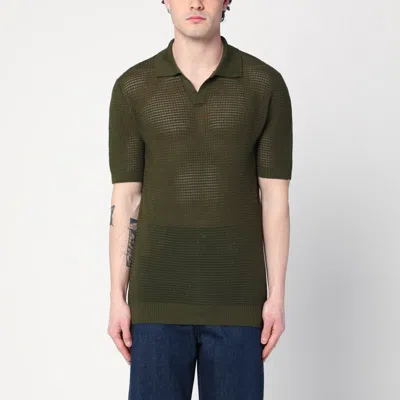 Tagliatore Dark Green Perforated Cotton Polo Shirt Men